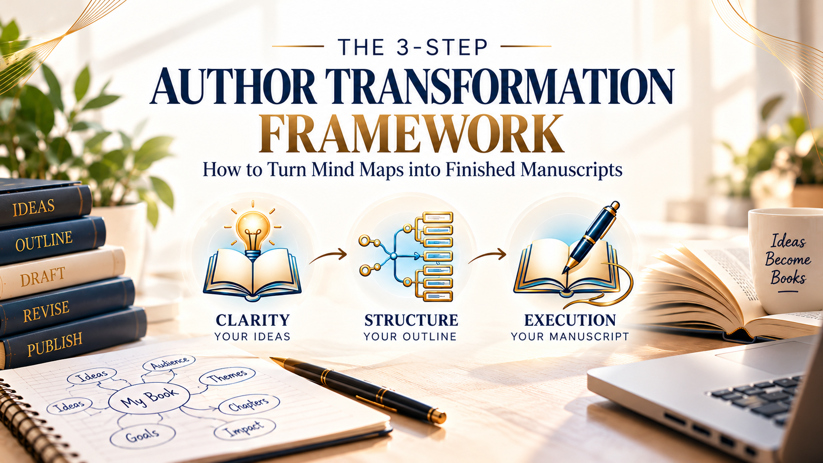 3-step author transformation framework infographic showing how to begin writing a book through clarity, structure, and execution using mind maps