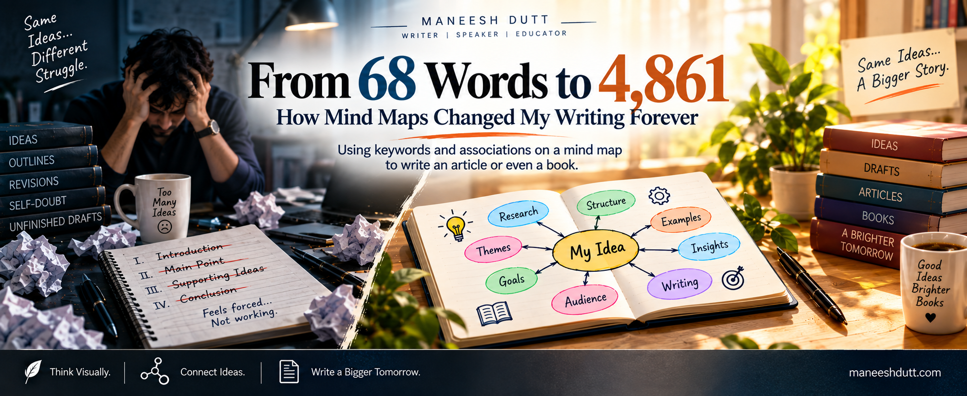 Mind mapping for writing showing the shift from rigid outlining to connected ideas